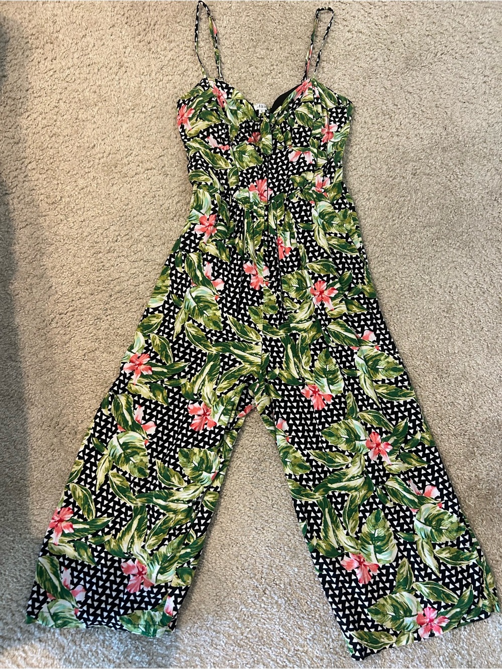 AUW Black One-Piece Jumpsuit with Green Leaves and Pink Flowers